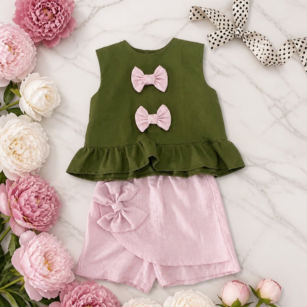 Variante del Conjunto Patio con short rosa, sobre mármol y peonías