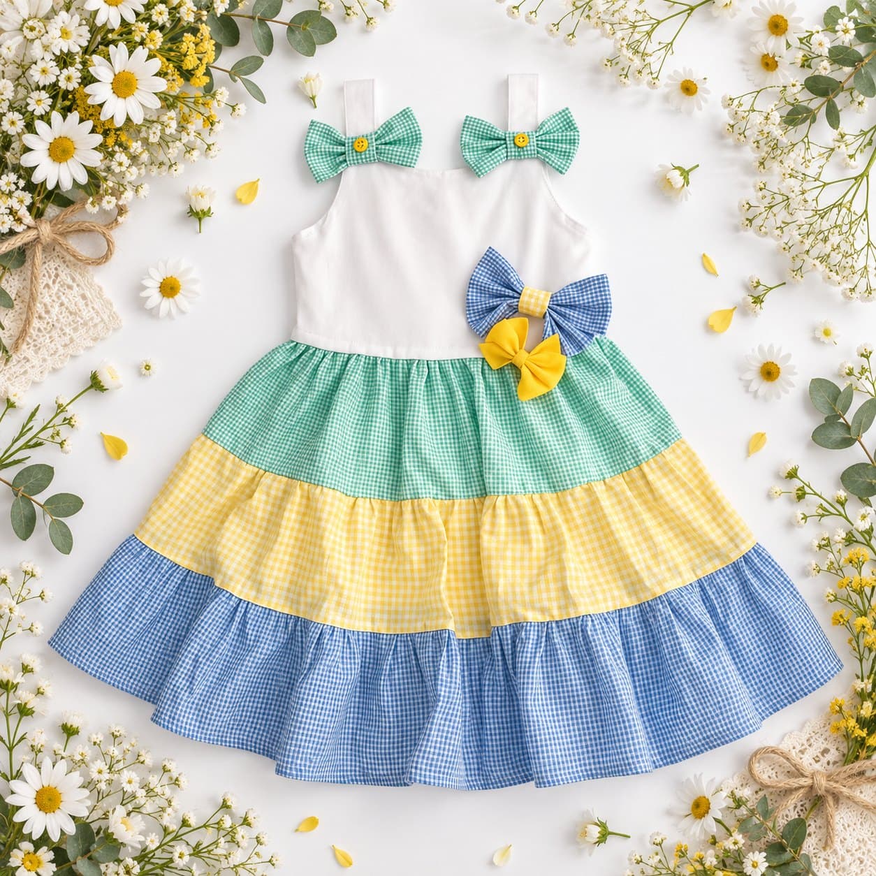 Vestido Verbena extendido entre margaritas y flores amarillas