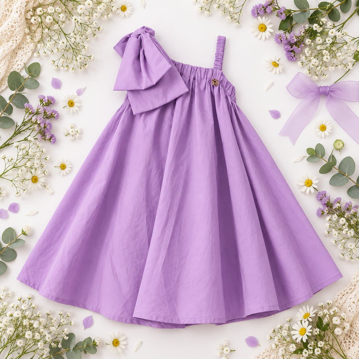 Vestido Lavanda extendido entre flores blancas y moños lila