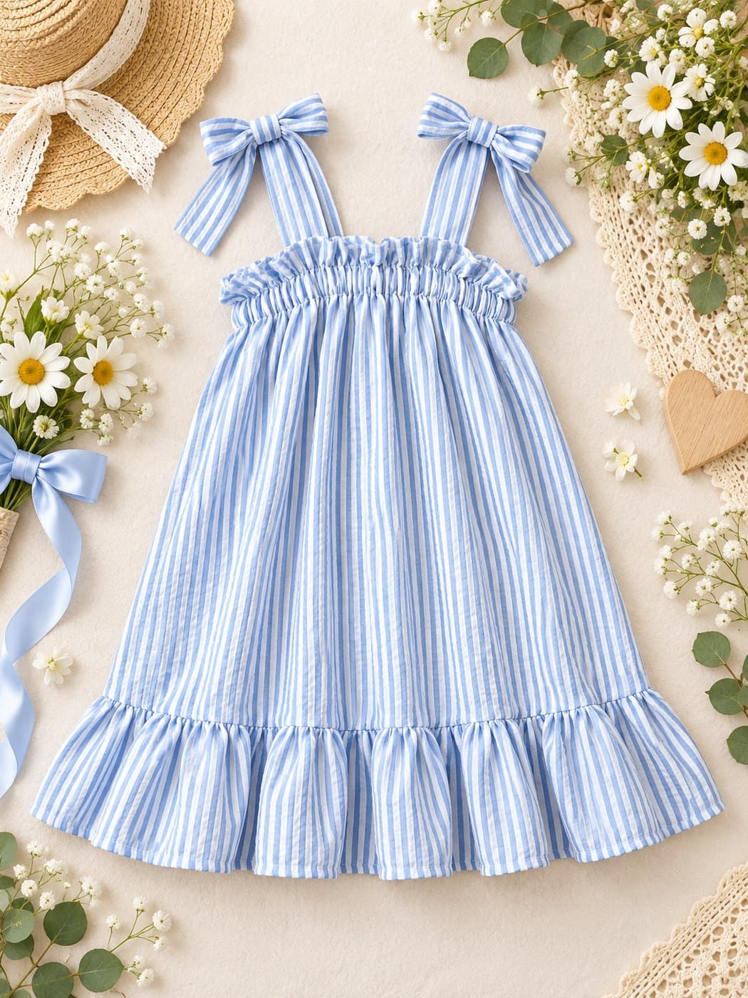 Vestido Marea extendido entre margaritas y cintas azules