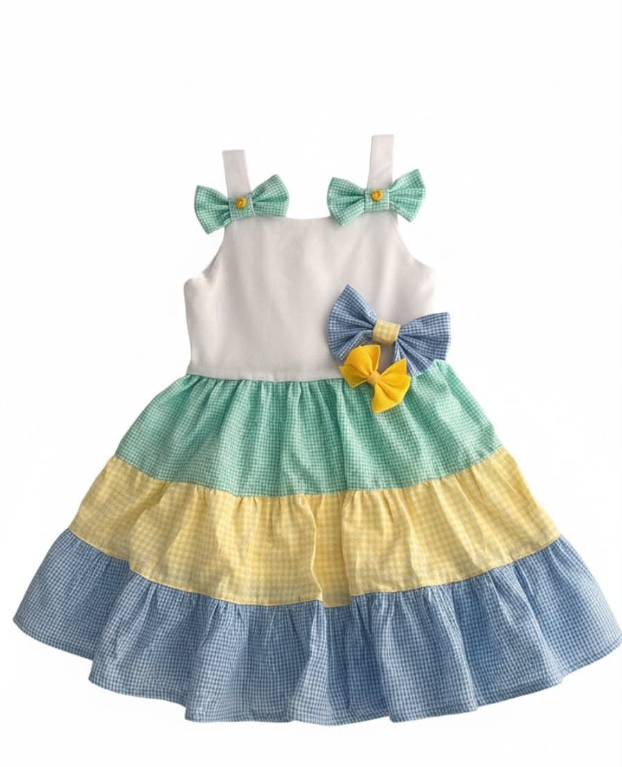 Vestido Verbena: capas de cuadros en menta, amarillo y azul